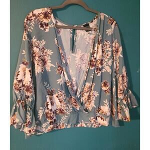 Forever 21 green floral print long bell sleeve blouse size 2X